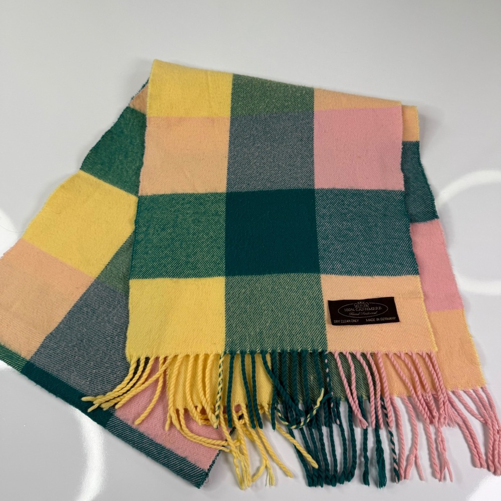 Vintage 100% Cashmere Scarf Made in Germany Pastel Plaid Colorblock Fringe Wrap